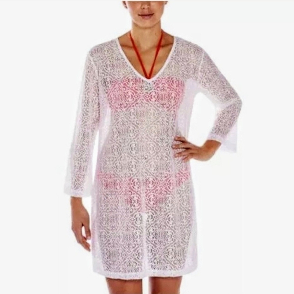 Mario Serrani Italy White Lace V-Neck Sleeve Swim Cover-Up Top Women Size Medium